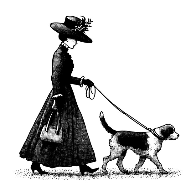 Vector a woman walking a dog with a bag on her shoulder