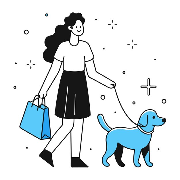 Vector a woman walking a dog with a bag illustration