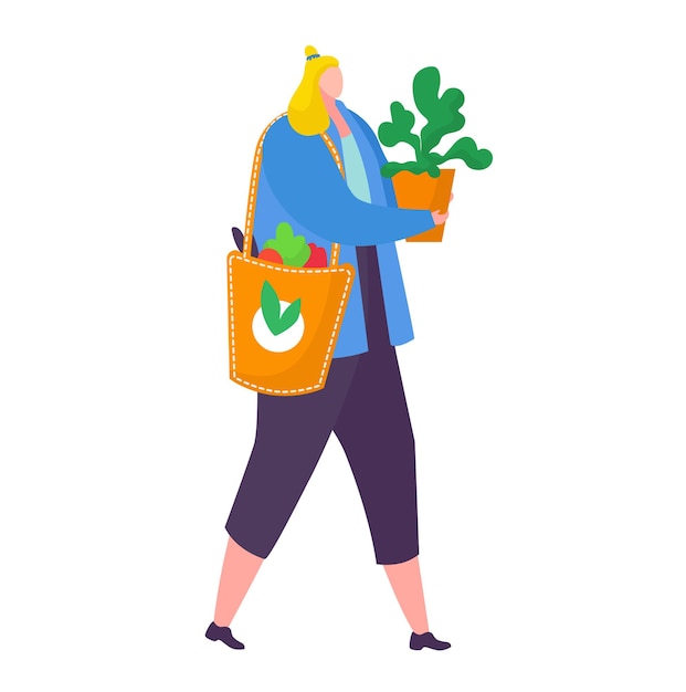 Woman walking organic supermarket shop female character hold eco bag and pot house plant cartoon vec...