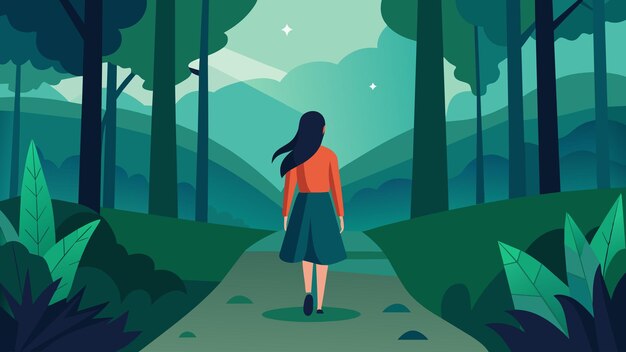 A woman walking through a peaceful forest the surrounding trees and nature acting as a metaphor for