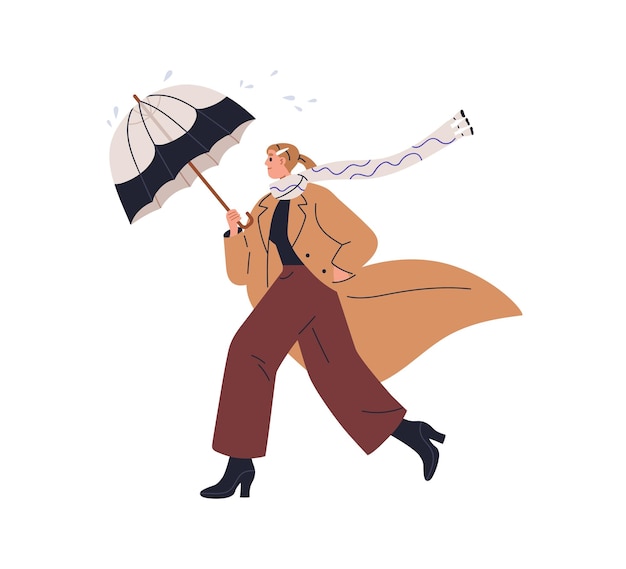 Woman walking under umbrella in autumn Happy girl going in fall coat and scarf in windy weather rainy day Modern stylish person in rain Flat vector illustration isolated on white background