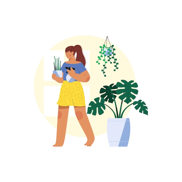 A Woman Walking and Watering Plant Using Watering Spray