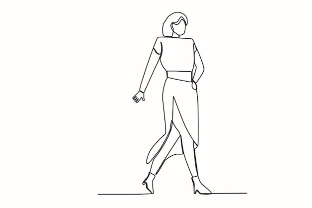 A woman walking while posing on stage Fashion show oneline drawing