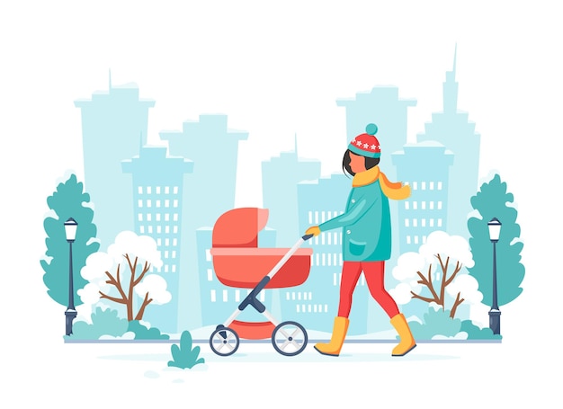 Vector woman walking with baby carriage in winter