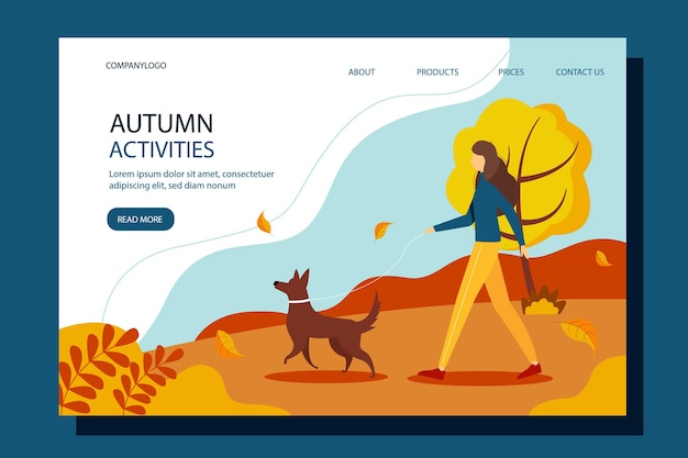 Woman walking with the dog in the park in autumn. Landing page template.