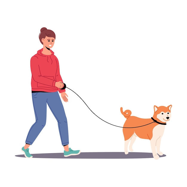 Woman walking with pet on leash Vector flat illustration Female strolling on street with dog