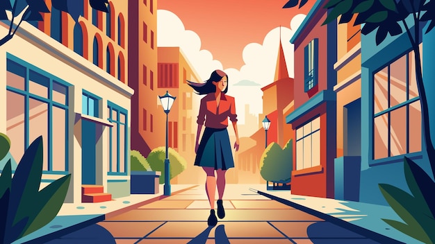 a woman walks down a street with a red background