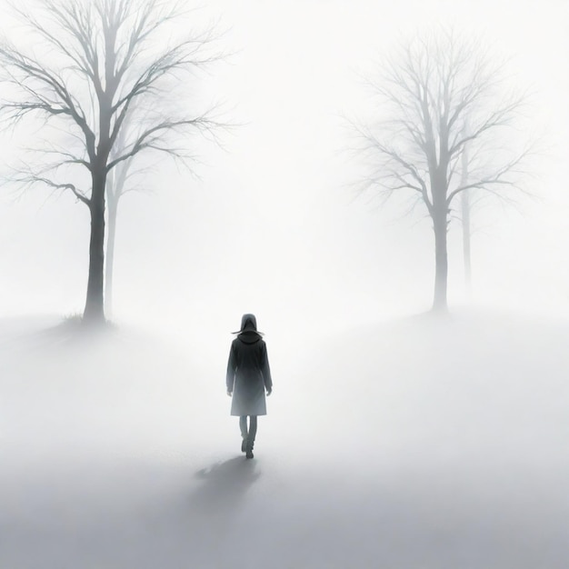 Vector a woman walks through the fog with trees in the background