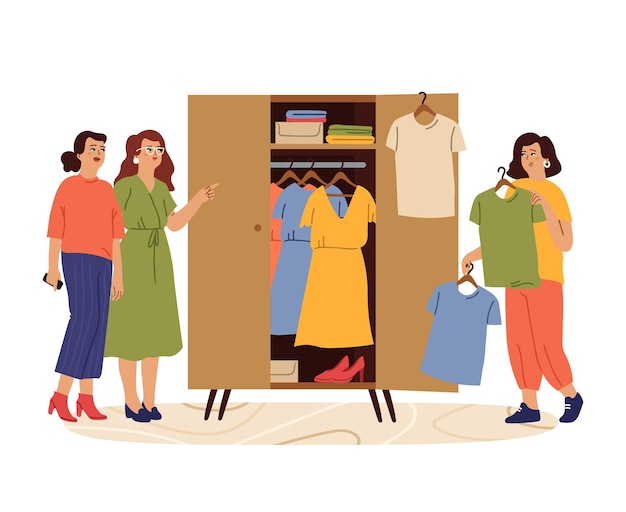 Woman and wardrobe. Styling girl, female try fashion outfits. Female searching clothes in closet, friend choose dress swanky vector concept. Illustration clothes and clothing fashion, skirt and dress