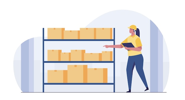 Woman in warehouse checking inventory levels of goods on shelf. vector illustration.