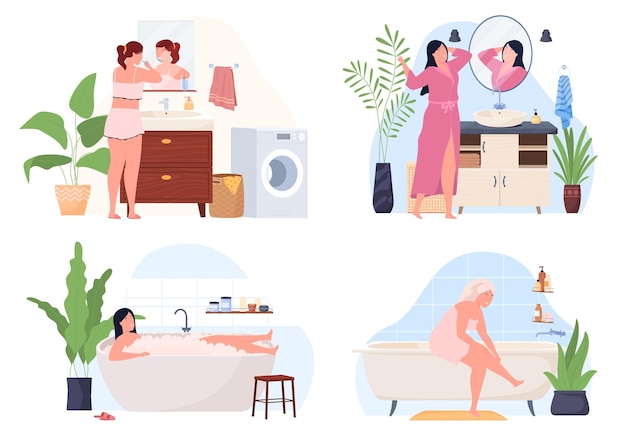 The woman washes takes care of her body bathroom interior furniture cozy modern apartment vector ill