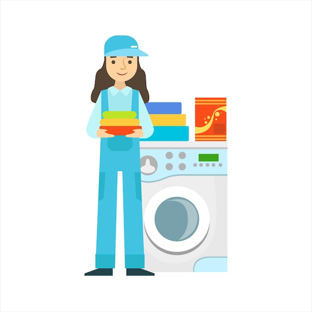 Woman Washing Clothing In Machine Cleaning Service Professional Cleaner In Uniform In The Household