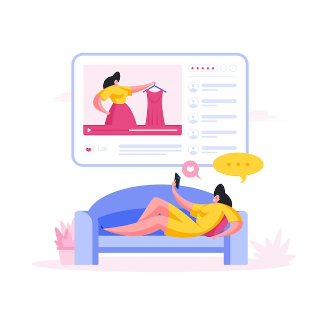 Woman watching fashion vlog on sofa. Flat cartoon people illustration