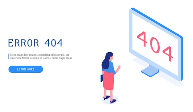 Woman watching page not found message on computer 404 Error Isometric vector