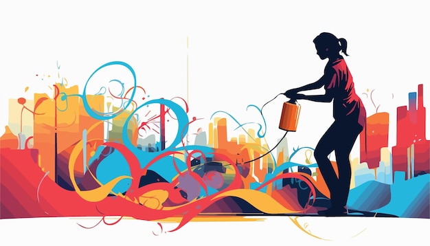 Vector woman watering the city with a bucket vector illustration of a cityscape