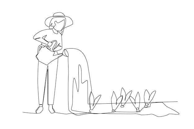 A woman watering her plants one line art