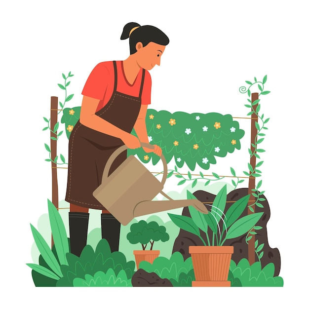 Woman Watering Plants in Garden