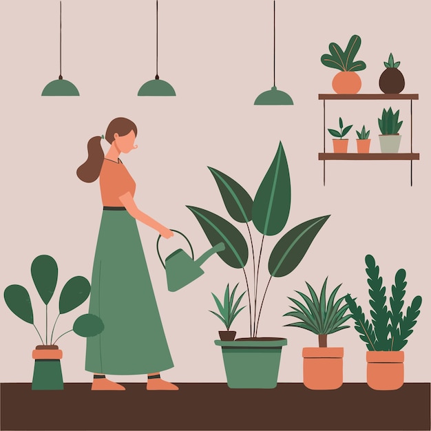 Vector a woman watering plants with a potted plant in the background