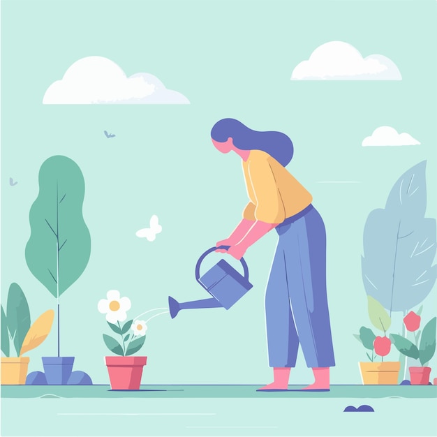 Vector a woman watering plants with a watering can in the background