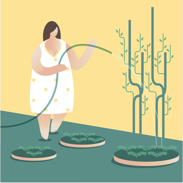 Woman watering trees in the garden vector illustration.