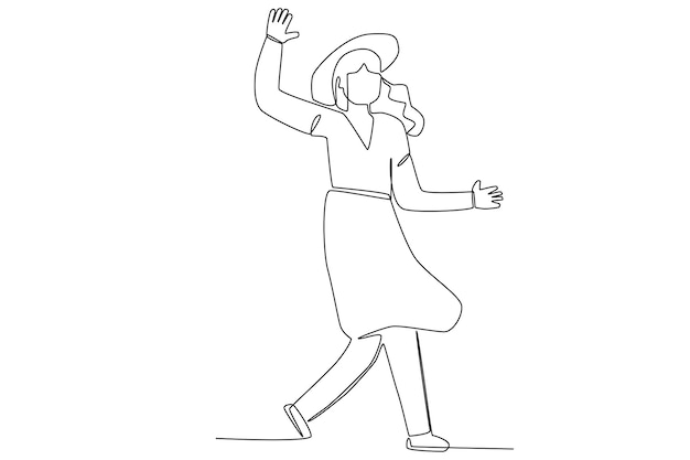 A woman waving her hand in the park for picnic one line art