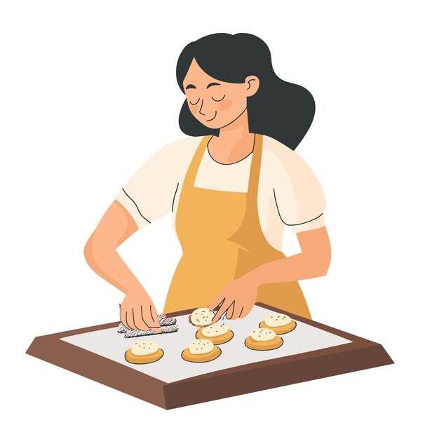 A woman wearing an apron making cookies