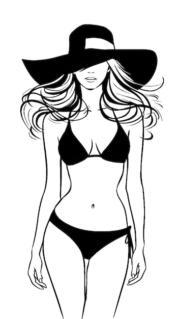 a woman wearing a bikini and a wide hat She is adjusting the hat with both hands and her long hair