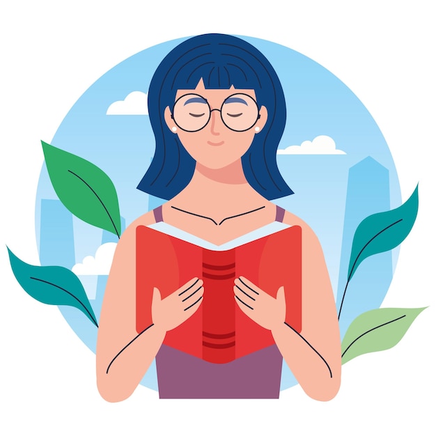 Woman wearing eyeglasses reading text book with leafs character