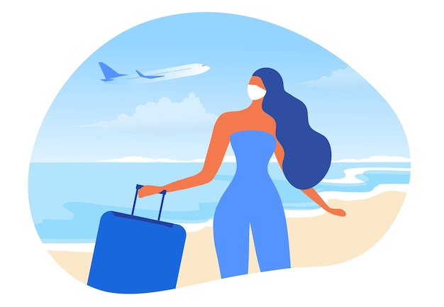 Woman wearing face mask and keep distancing travelling aboard at the airport vector illustration