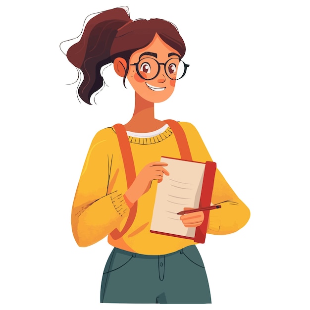 Vector a woman wearing glasses and a yellow shirt is holding a clipboard with a clipboard in the middle