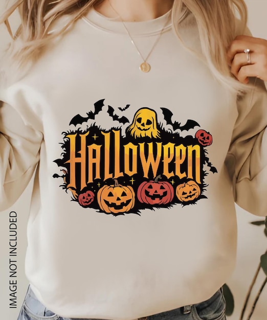 a woman wearing a halloween shirt that says halloween on it