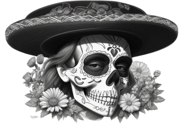 a woman wearing a hat with flowers and a skull on it