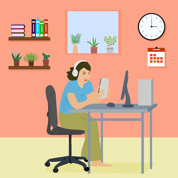 Woman wearing headphones to listen to music sitting on a chair in pink living room