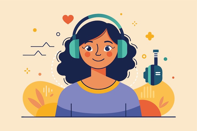 Vector a woman wearing headphones and listening to music with a focused expression a woman listening to a music podcast trending simple and minimalist flat vector illustration