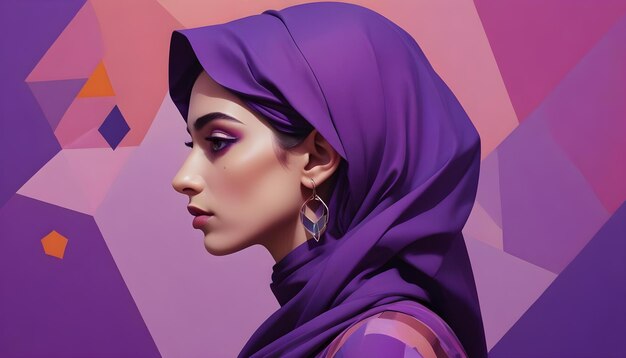 Vector a woman wearing a purple hijab and earrings stands against a geometric background of pink and purple hues she has a striking profile and makeup