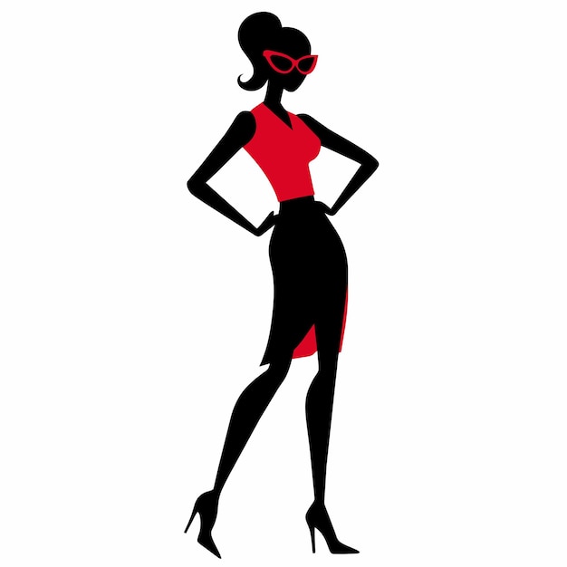 Vector a woman wearing a red dress and a black and red dress is standing in front of a white background