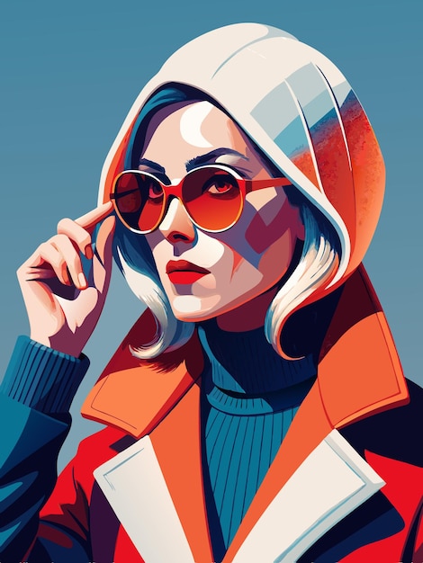 Vector a woman wearing a red and white jacket is holding a pair of sunglasses