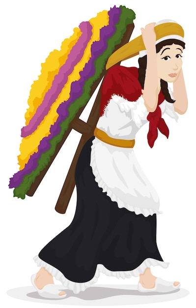 Woman wearing traditional garment and holding a Silleta for Colombian Festival of the Flowers parade