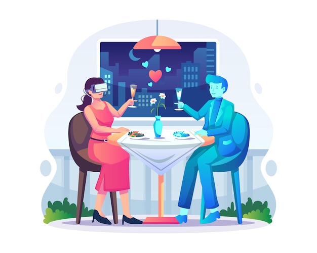 A woman wearing a VR headset on a date with a virtual man in a restaurant illustration