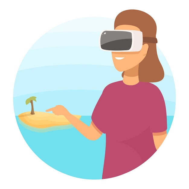 Vector woman wearing vr headset exploring tropical island in metaverse