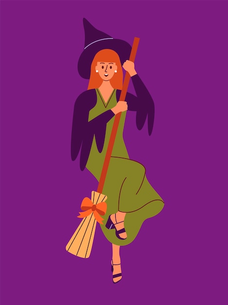 Vector woman wearing witch costume scary carnival clothing flat vector illustration