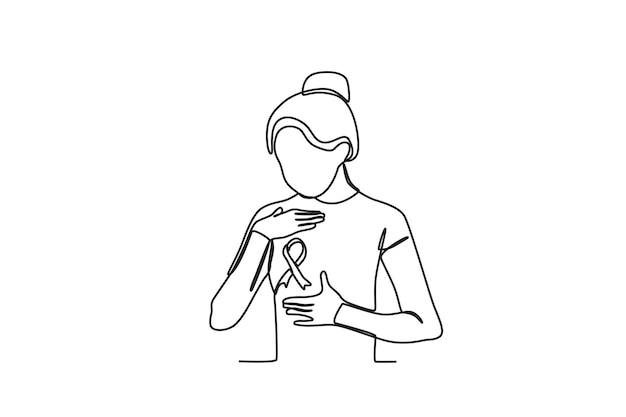 A woman wears a ribbon symbolizing breast cancer Breast cancer awareness month oneline drawing