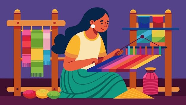 A woman weaving a colorful tapestry on an oldfashioned loom surrounded by piles of vibrant yarn