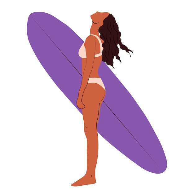 A woman in a white bikini is standing in front of a surfboard