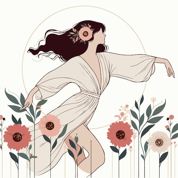 woman in white dress dancing in a flower garden in art nouveau style