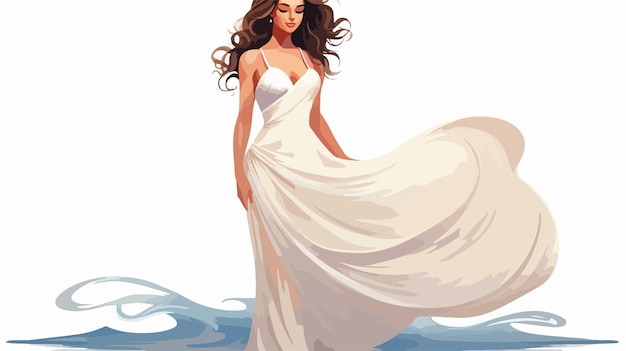 Vector a woman in a white dress is standing in the water with her hair in a flowing white dress