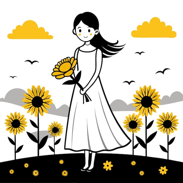 Vector a woman in a white dress with a sunflower in her hand