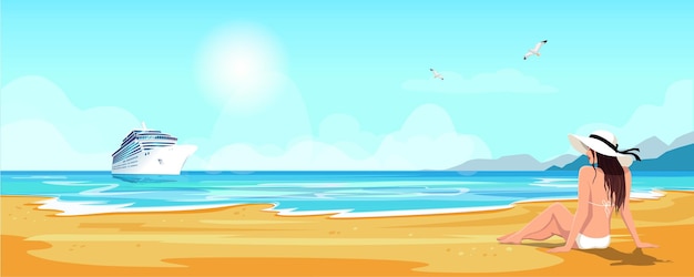 Woman in white hat and bikini relax on sea sandy beach on island Summer seaside blue ocean scenic view Large cruise ship on background Holiday vacation sea travel leisure trip Vector illustration