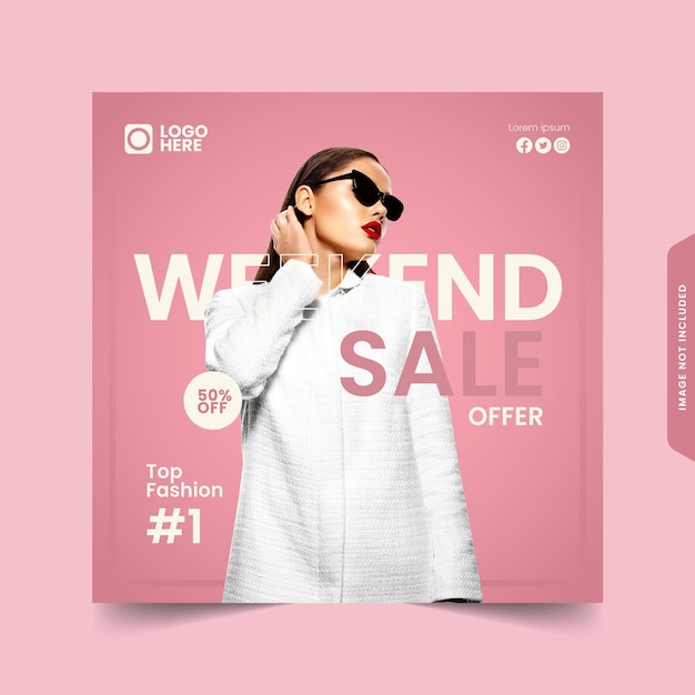 Vector a woman in a white sweater is talking on a phone and a pink background with the words weekend sale