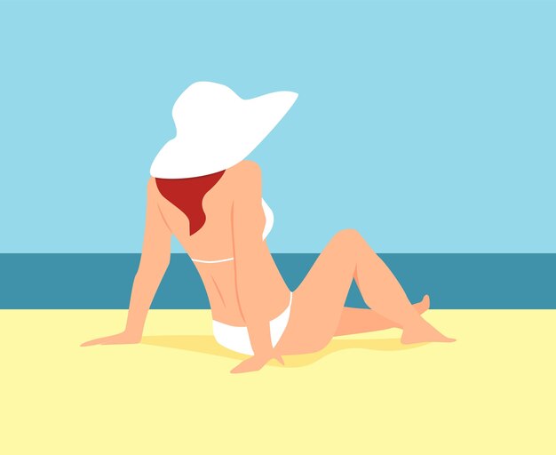 Vector a woman in a white swimsuit and a hat half lying on a beach and looking at the sea vector